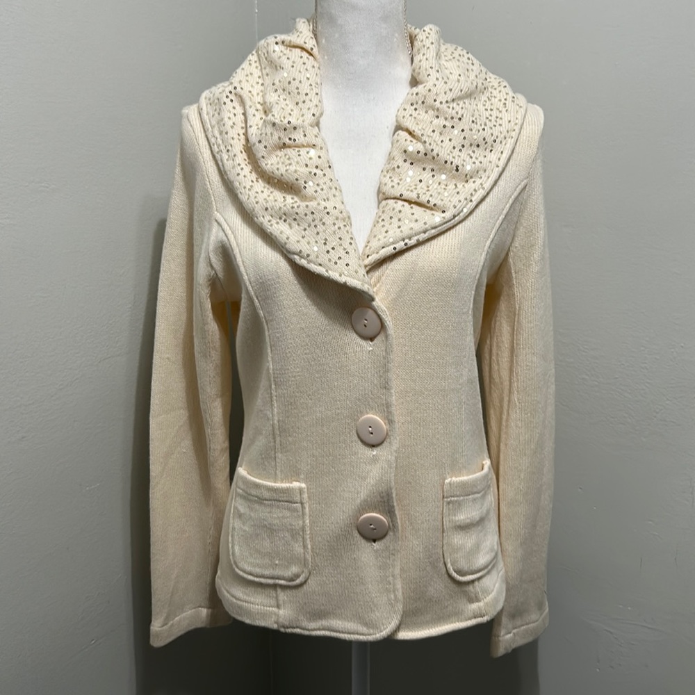 Cupid Sequin Neck Cardigan Ivory and Gold Excellent Condition Size Large
